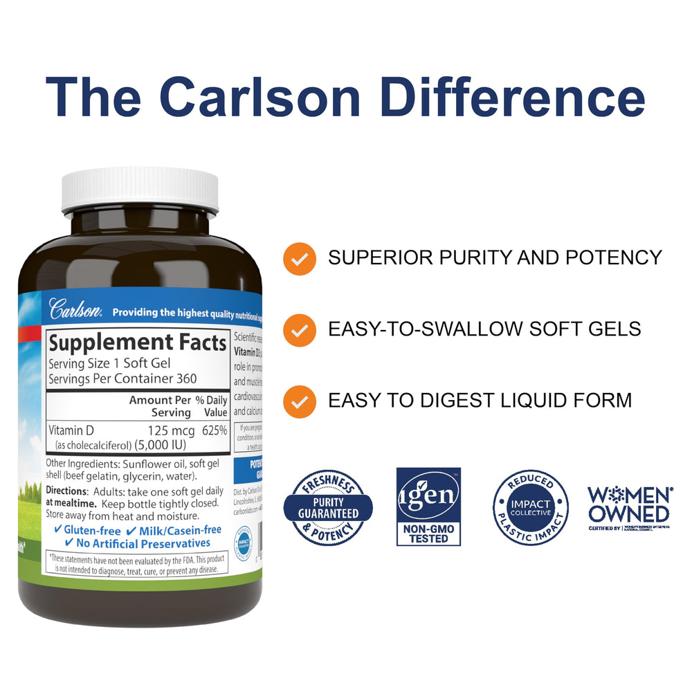 Carlson Vitamin D3 5000 IU bottle label with dosage information