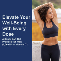 Close-up of 5,000 IU (125 mcg) vitamin D3 per soft gel