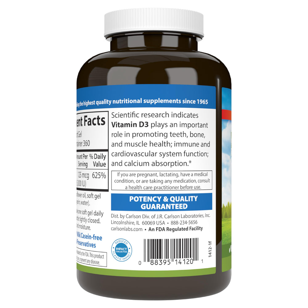 Carlson Vitamin D3 5000 IU soft gels next to packaging