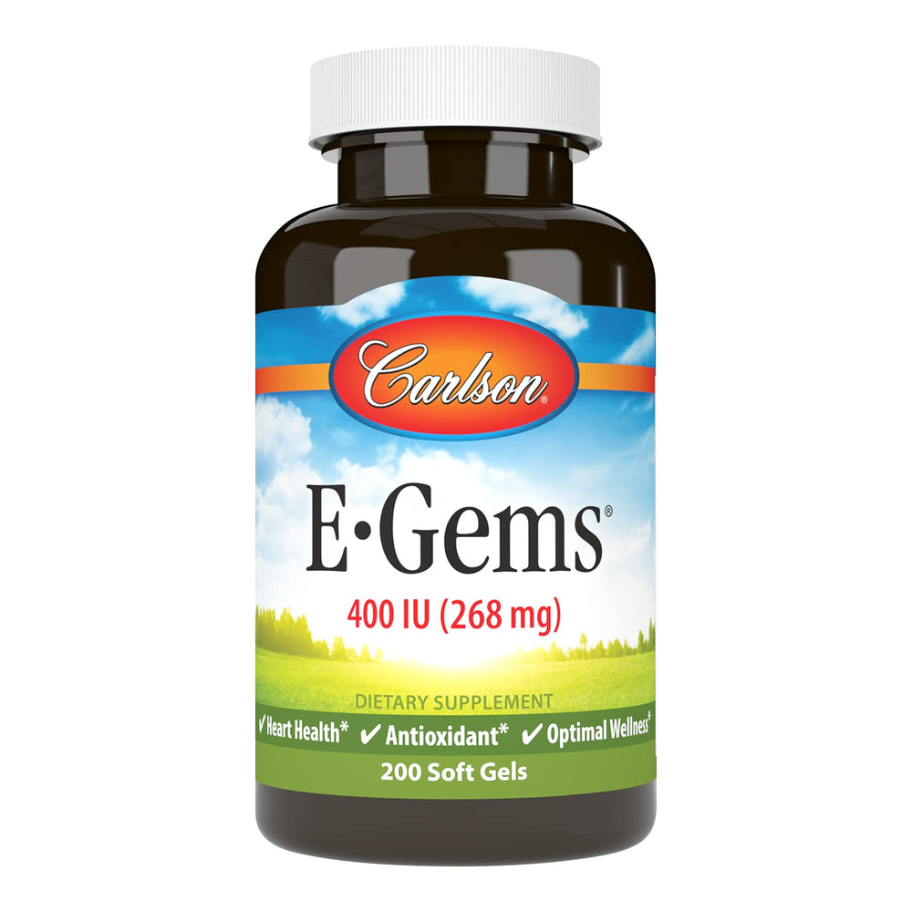 Carlson E-Gems Vitamin E 400 IU bottle with capsules spilling