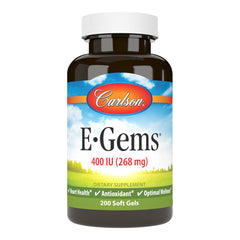 Carlson E-Gems Vitamin E 400 IU bottle with capsules spilling