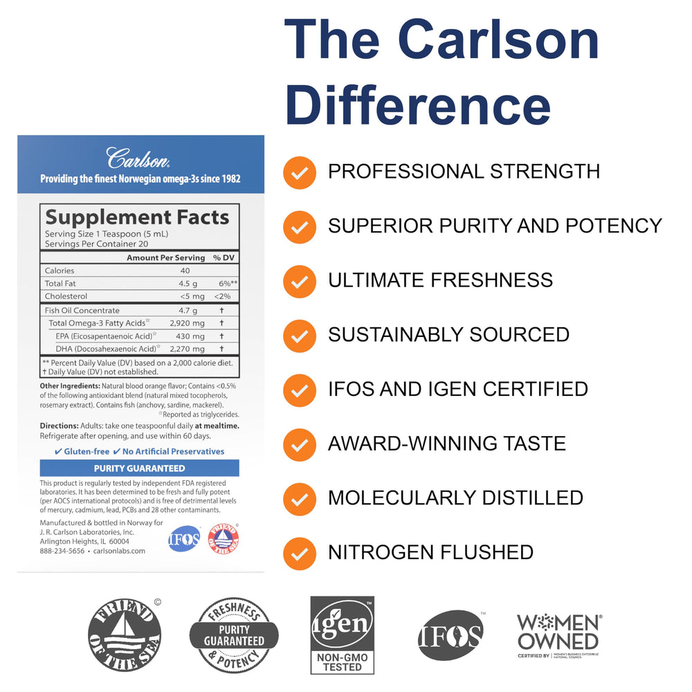 Close-up of Carlson Elite DHA 2270 mg orange flavor label with Norwegian origin
