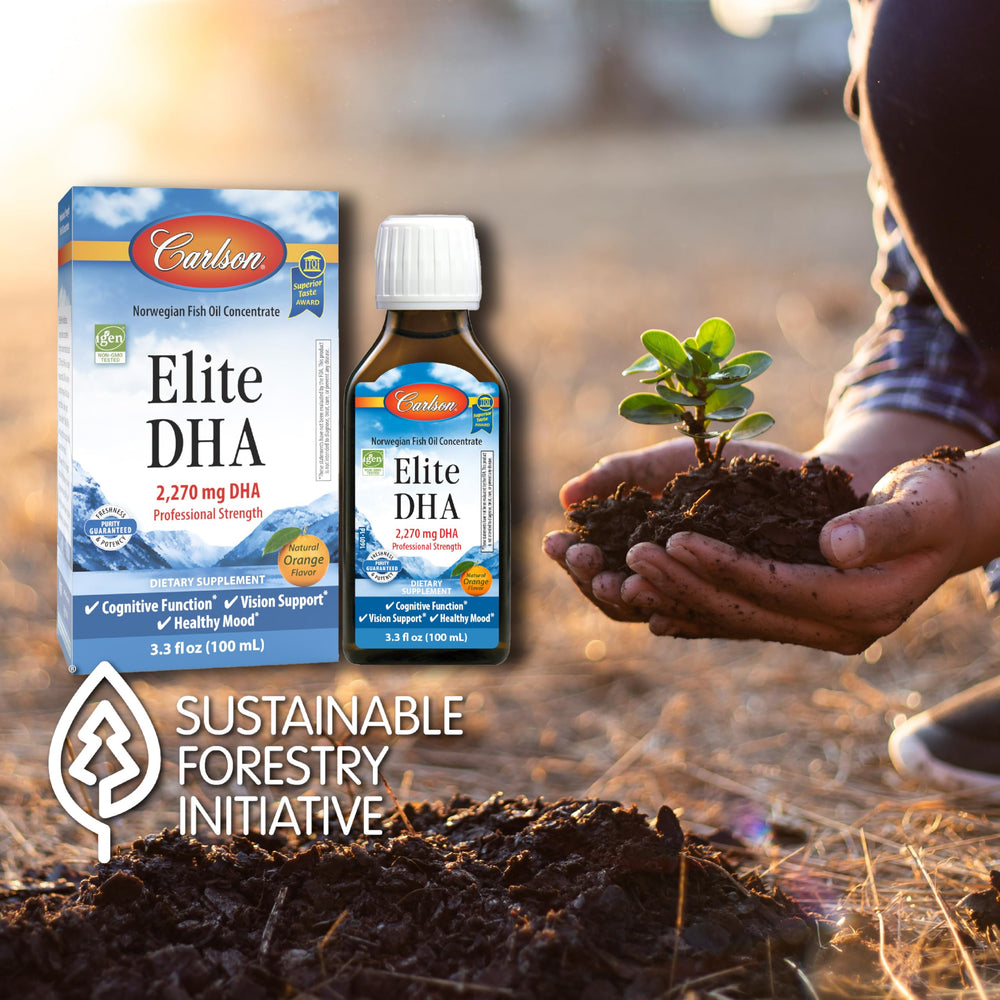 IFOS and IGEN non-GMO certification icons on Carlson DHA bottle