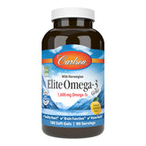 Carlson Elite Omega-3 Gems lemon softgel bottle supports heart and brain wellness