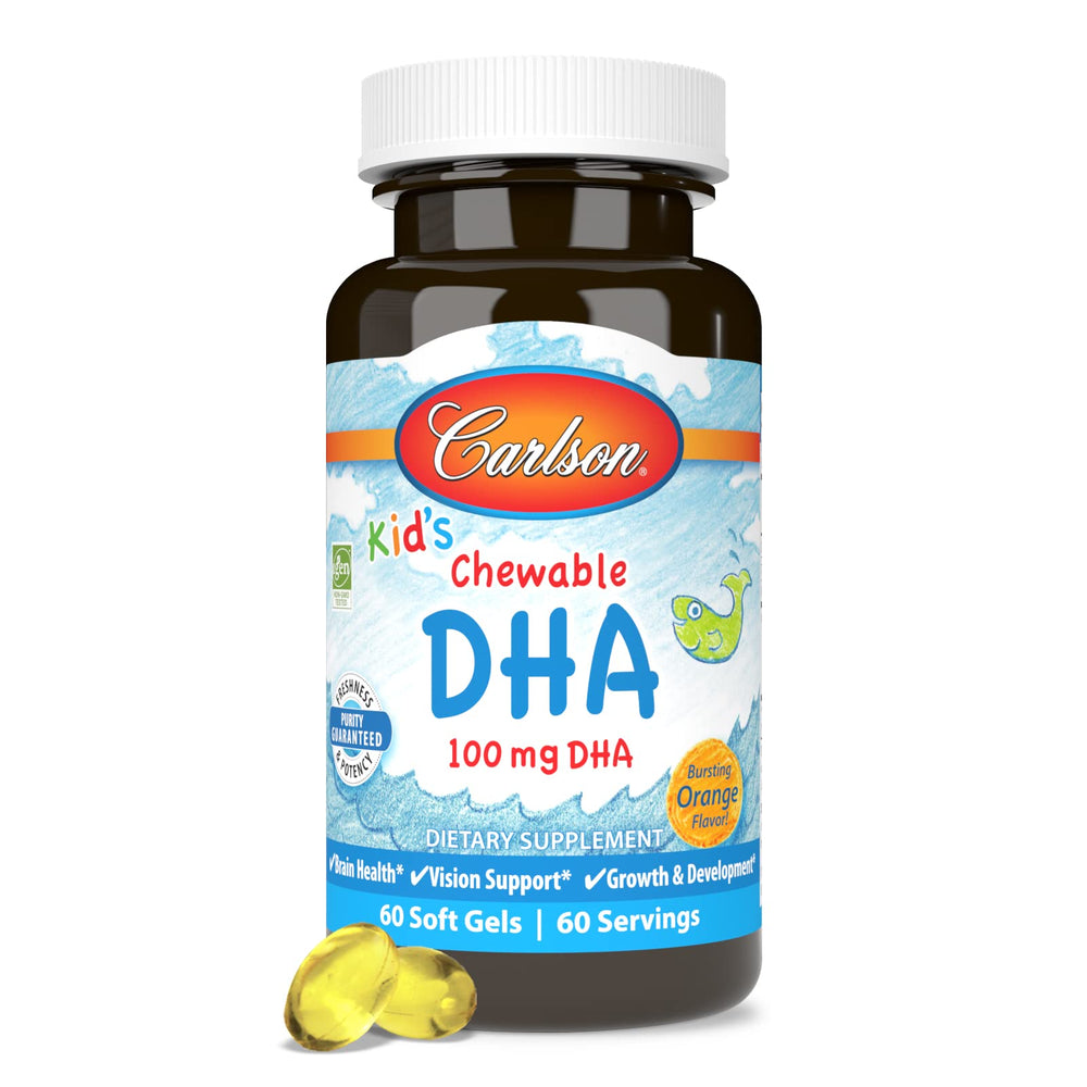 Vitamin DHA softgels and bottle in focus