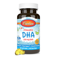 Vitamin DHA softgels and bottle in focus