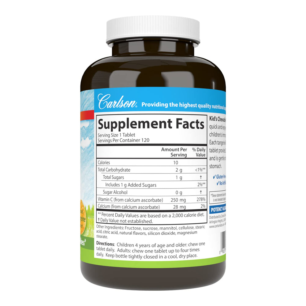 Close-up of Carlson Kids Vitamin C Tangerine chewable label