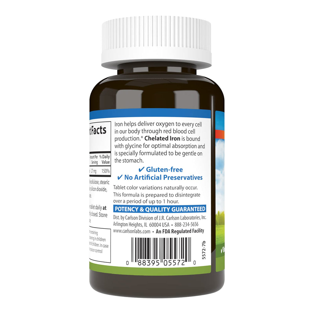 Supplement facts panel on Carlson Chelated Iron bottle