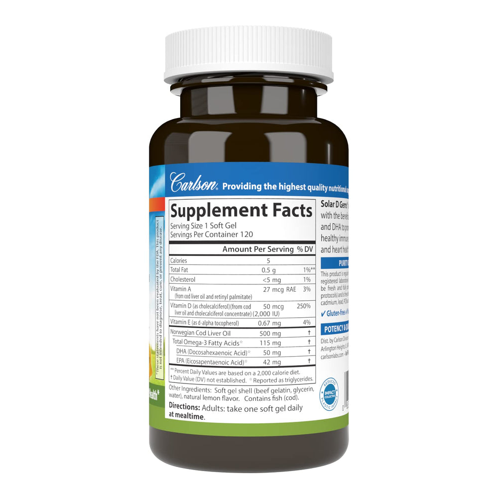 Label of Carlson Labs Solar D Gems Vitamin D3 2000 IU 120 softgels