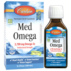 Carlson Med Omega Lemon-Lime bottle — supports daily omega-3 intake.