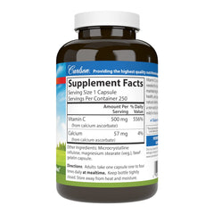 Close-up of Carlson Mild-C 500 mg vitamin C capsules