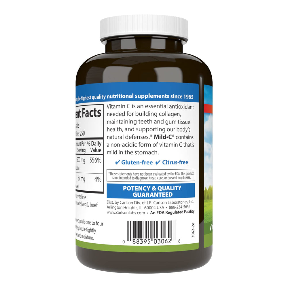 Non-acidic buffered vitamin C label on Carlson bottle