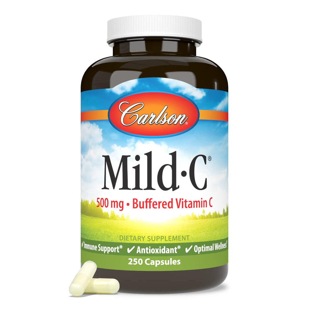 Nutrition facts panel of Carlson Mild-C vitamin C bottle