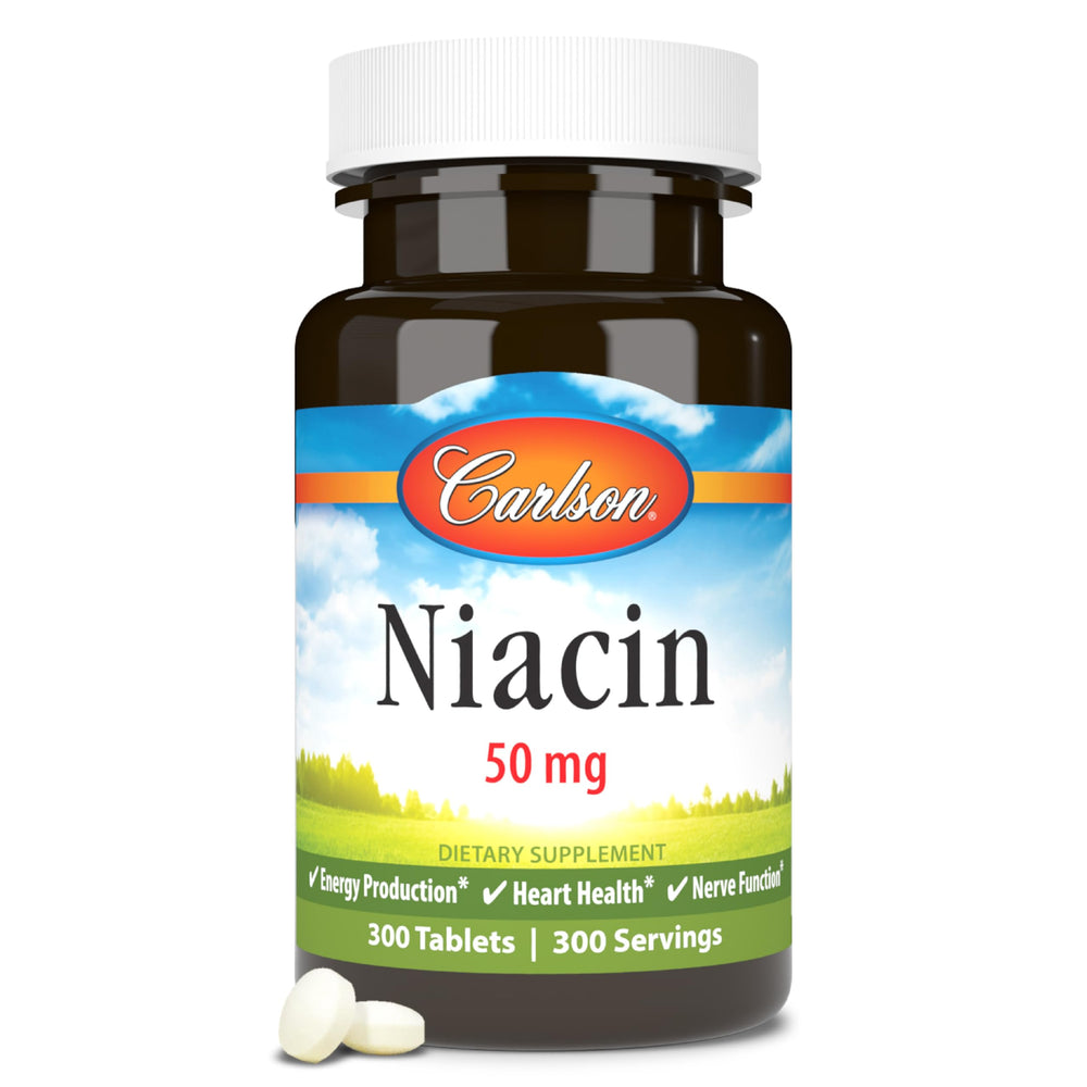 Carlson Niacin 50mg tablets shown in bottle, energy-support potential.
