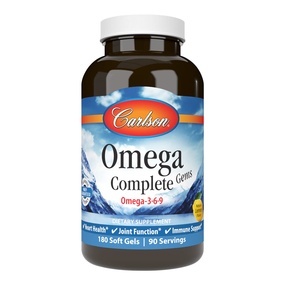 Carlson Omega Complete Gems bottle overview showing complete fatty acids support