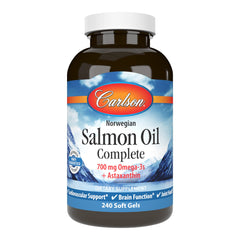 Carlson Salmon Oil Complete bottle closeup highlighting omega-3 richness for daily wellness