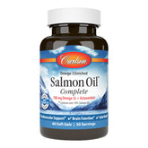 Carlson Salmon Oil Complete bottle view emphasizing heart and brain support softgels.