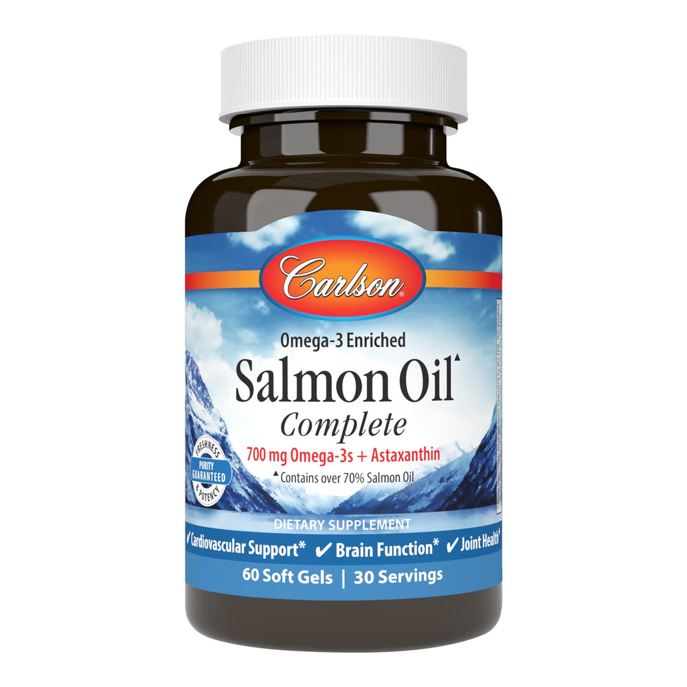 Carlson Salmon Oil Complete bottle view emphasizing heart and brain support softgels.