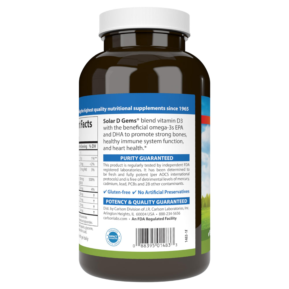 Carlson Solar D Gems 360-count bottle suggests long-term bone and immune health support.