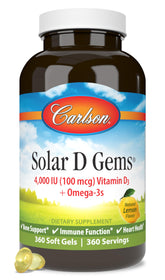 Carlson Solar D Gems bottle front shows lemon vitamin D3 and omega-3 capsules for bone health.
