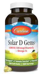 Carlson Solar D Gems bottle front shows lemon vitamin D3 and omega-3 capsules for bone health.