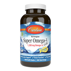 Carlson Super Omega-3 Gems bottle with 180 soft gels, 1200 mg per serving