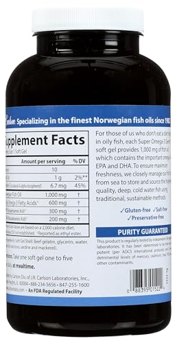 Carlson Super Omega-3 Gems bottle label highlights 1200 mg omega-3s for daily heart and brain support.