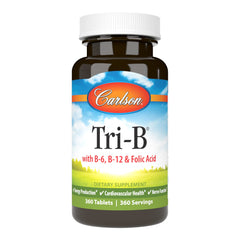Carlson Tri-B tablets front view for daily B complex support and heart health.