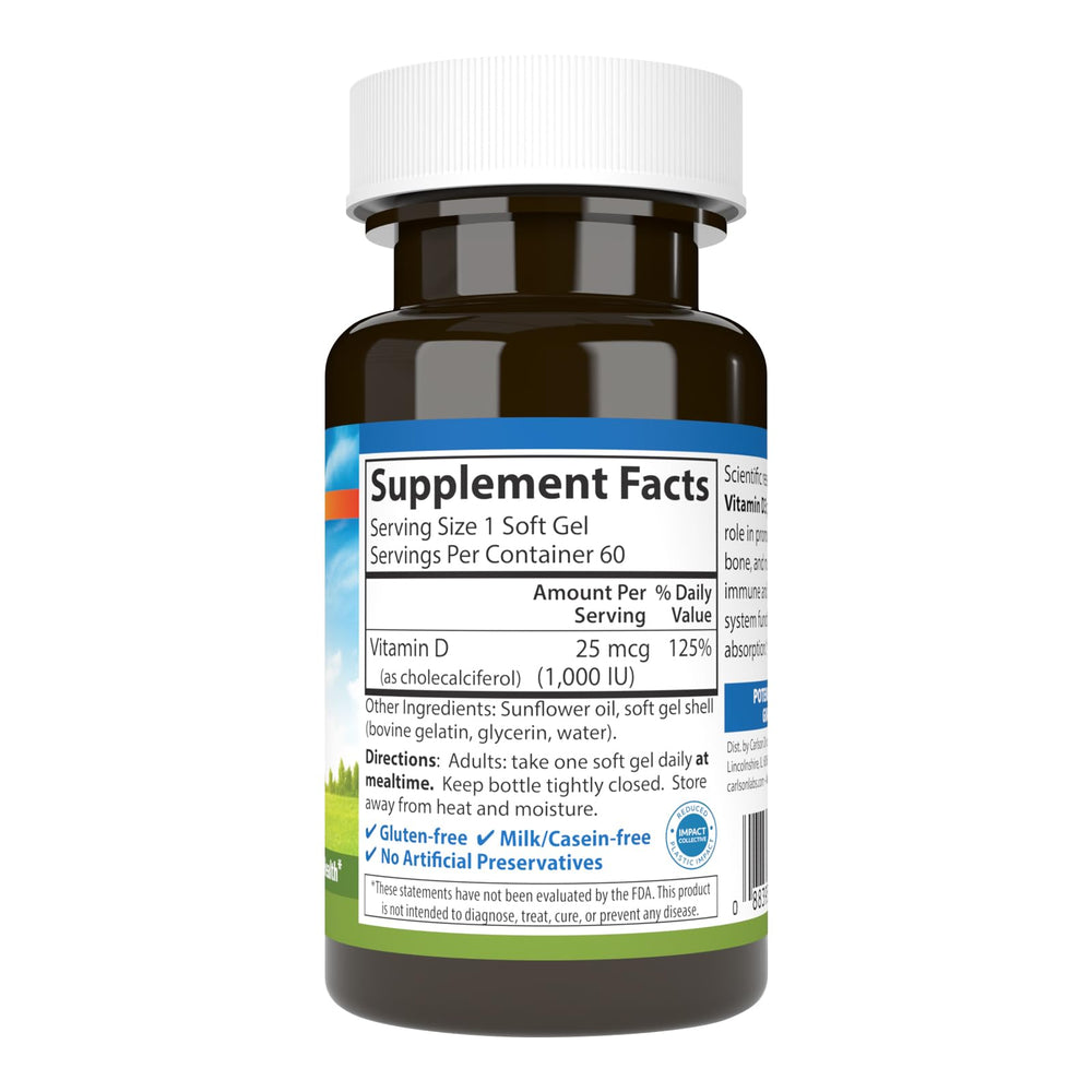 Carlson Vitamin D3 bottle back with supplement facts