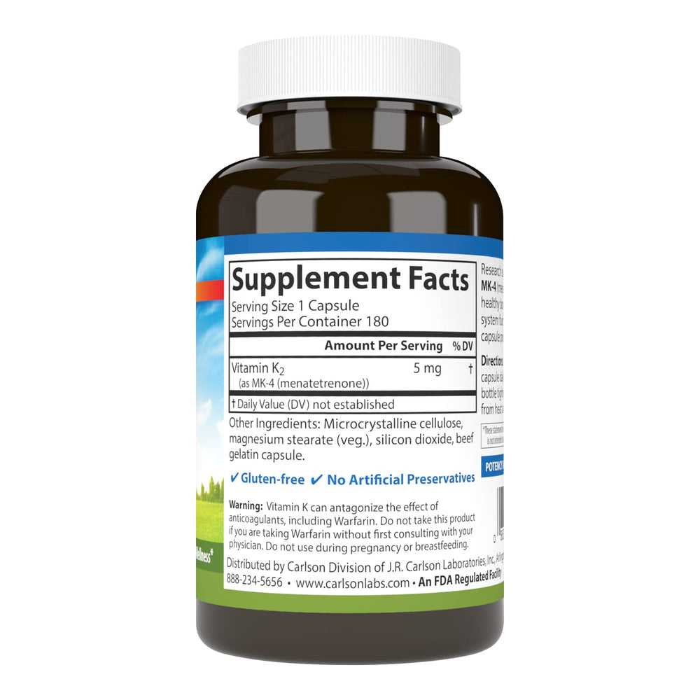 Close-up of Carlson Vitamin K2 MK-4 bottle showing 180 capsules