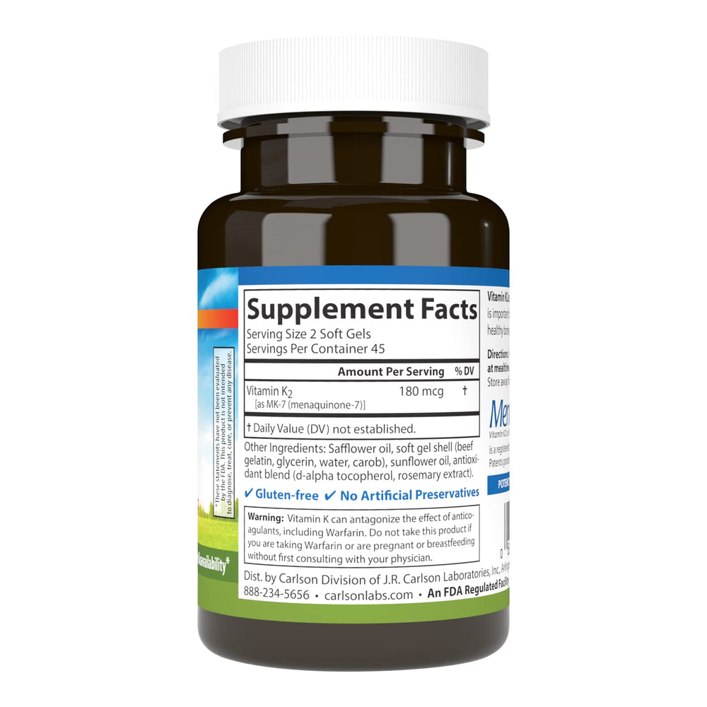 Close-up of Carlson K2 MK-7 softgels in bottle