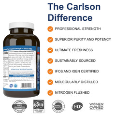 Carlson wild-caught salmon oil softgels closeup shows convenient capsules for heart health