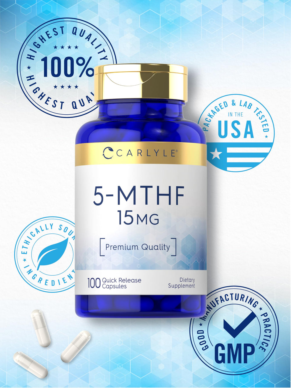 Product label information for Carlyle 5-MTHF 15mg
