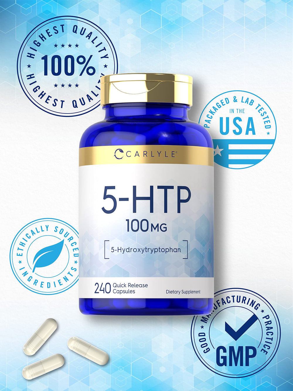 Non-GMO and gluten-free Carlyle 5HTP label