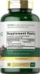 Back view of Carlyle Artichoke Extract Capsules bottle with supplement facts