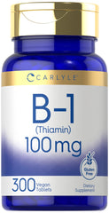 Front view of Carlyle B1 Vitamin 100mg bottle with 300 vegan tablets