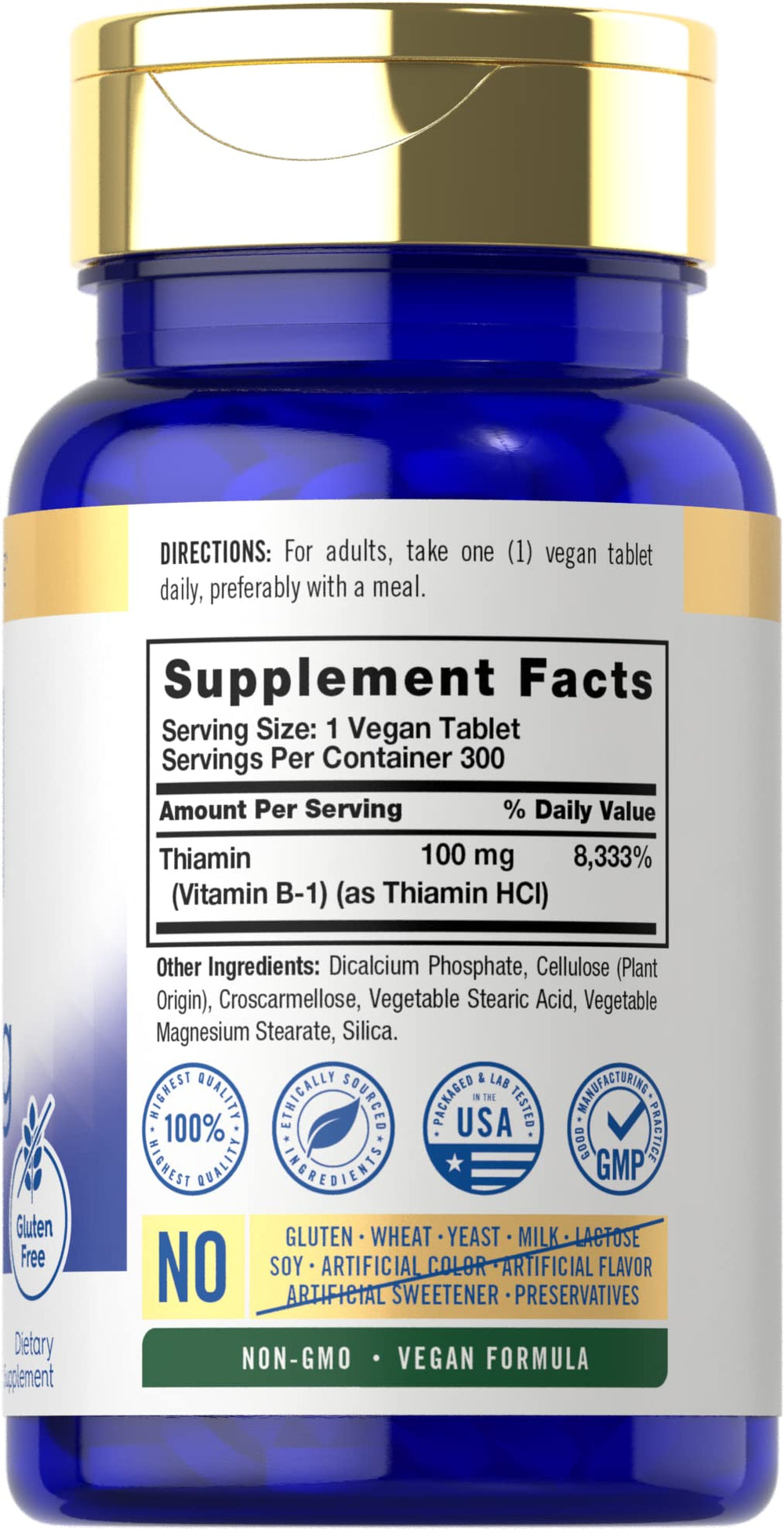 Close-up of Carlyle B1 Vitamin 100mg bottle and label