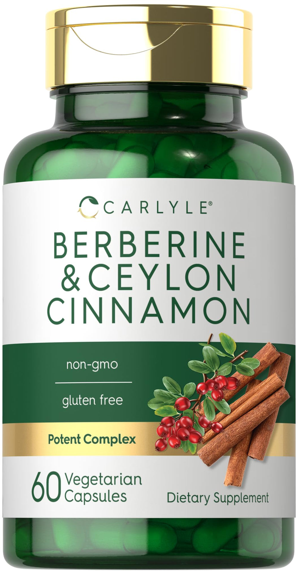 Carlyle Berberine with Ceylon Cinnamon 2000mg Complex bottle and capsules