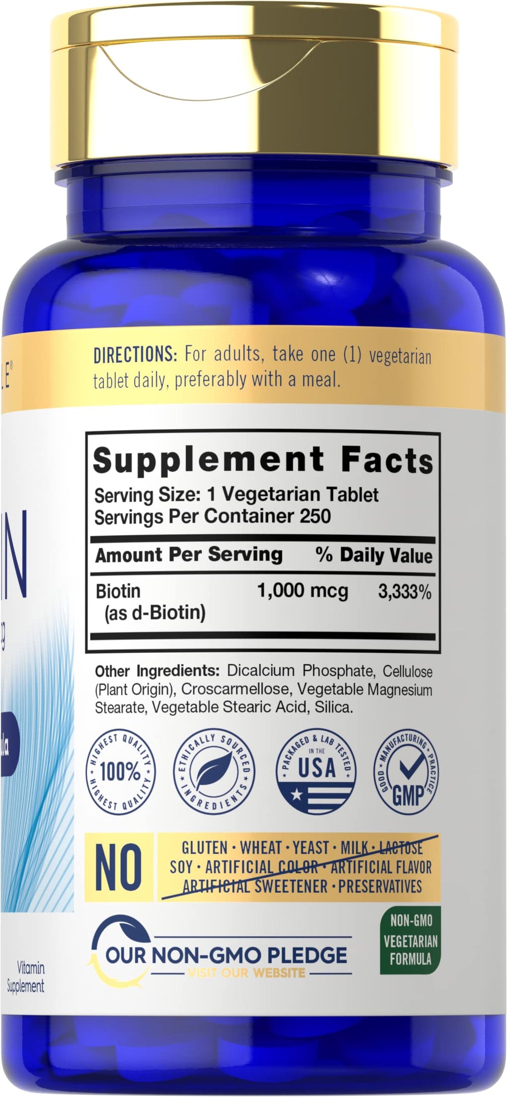 Close-up of Carlyle Biotin 1000mcg tablets