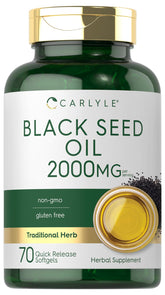 Front view of Carlyle Black Seed Oil Softgel bottle with 70-count packaging