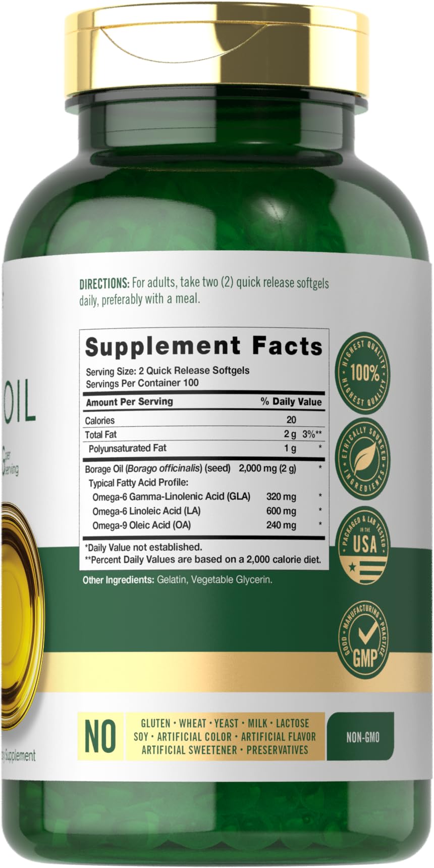 Back label with supplement facts for Carlyle Borage Oil 2000mg