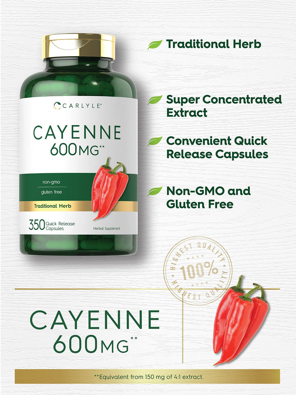 Daily dosage display for Cayenne Pepper 600mg capsules