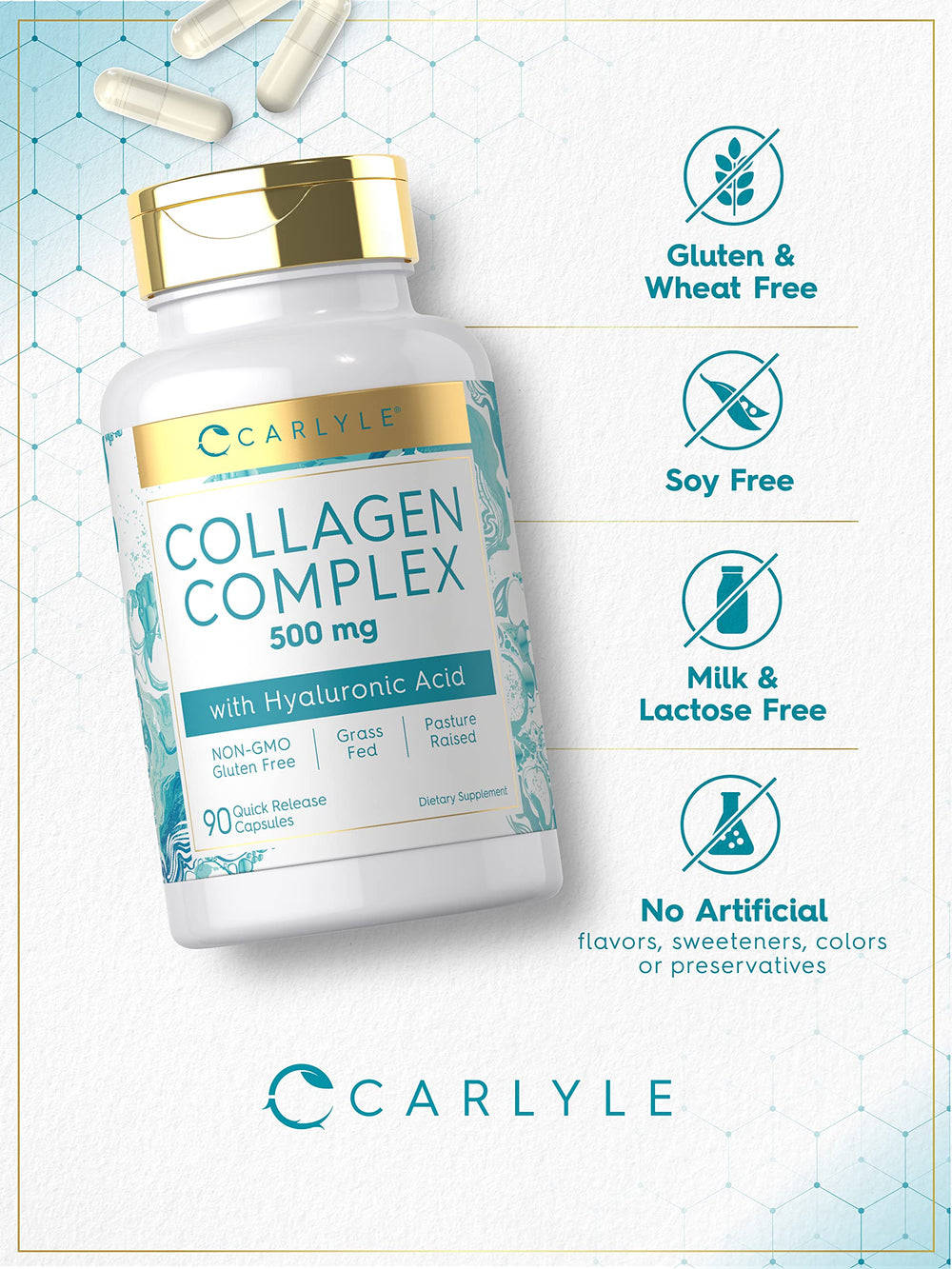 Carlyle Collagen supplement bottle displaying Non-GMO and Gluten Free