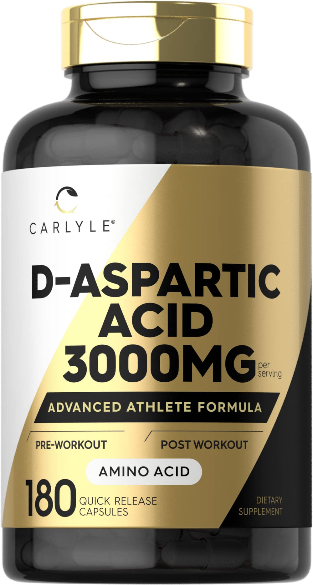 Carlyle D-Aspartic Acid supplement bottle for daily workouts.