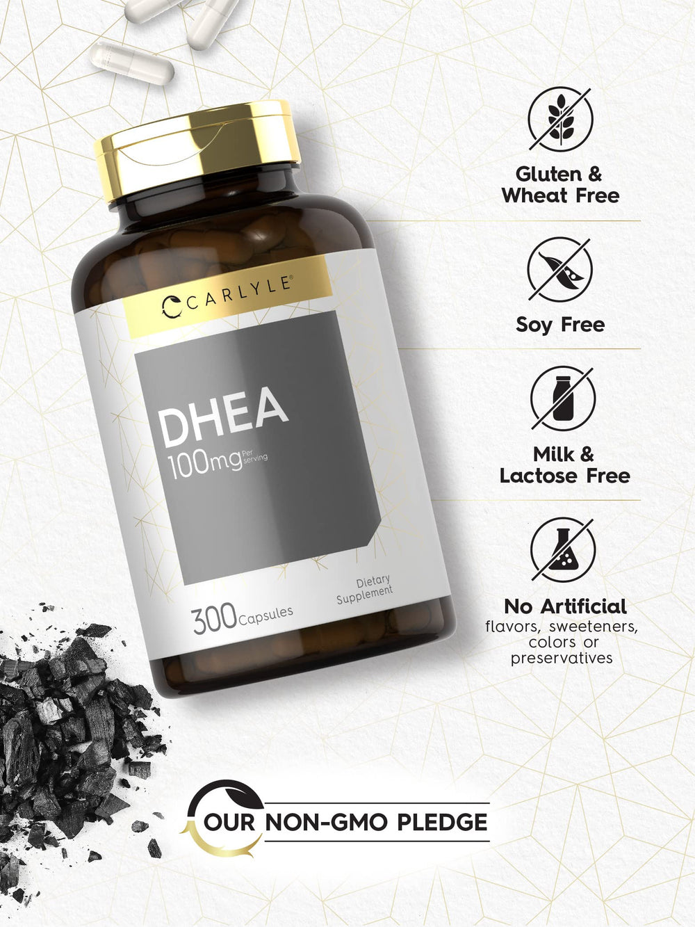 DHEA ingredient label showing non-GMO status