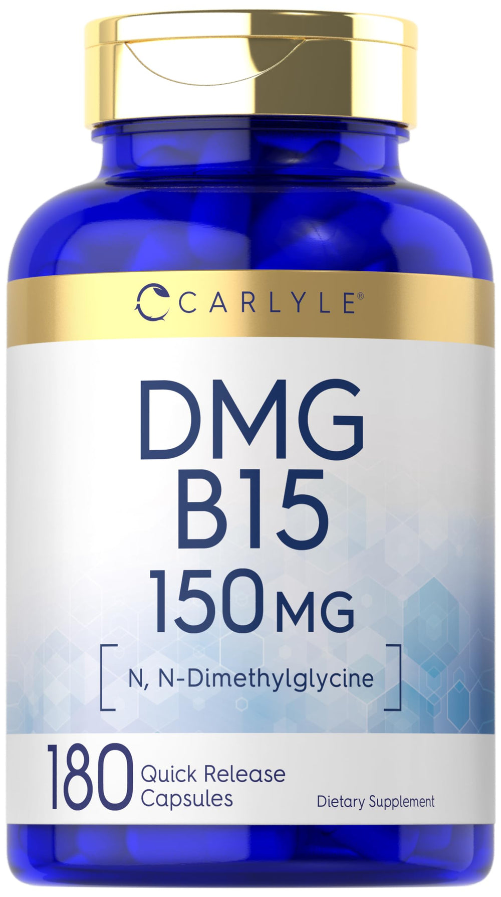 Front view of Carlyle DMG Supplement bottle with 180 capsules