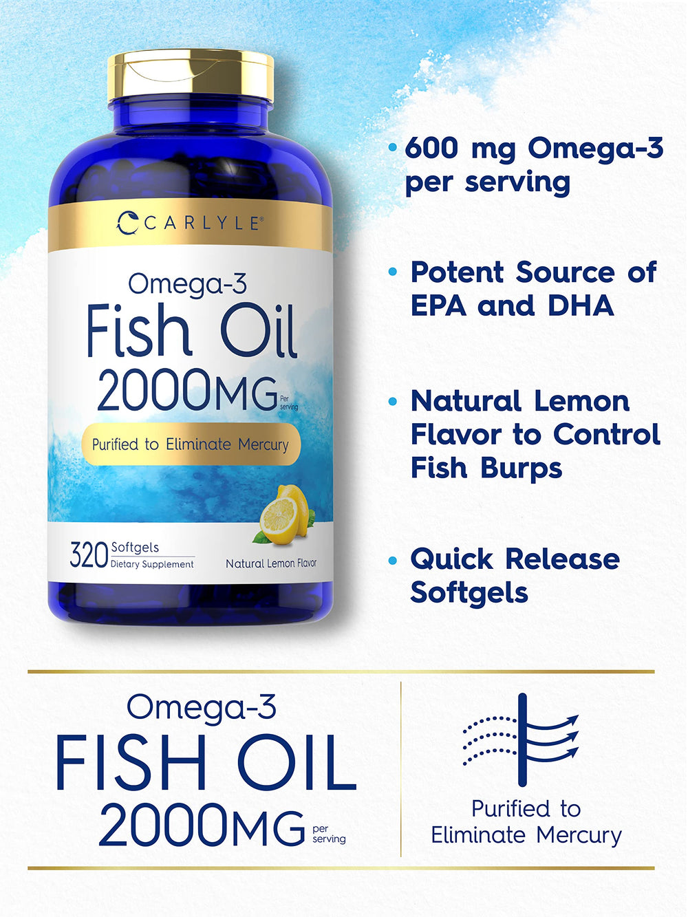 Close-up of Carlyle Fish Oil Omega-3 2000mg bottle with softgels