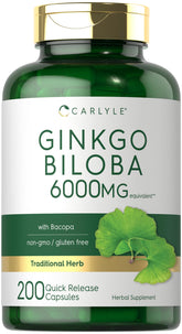 Carlyle Ginkgo Biloba Pills bottle with label showing 6000mg per serving