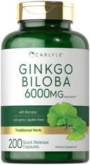Carlyle Ginkgo Biloba Pills bottle with label showing 6000mg per serving