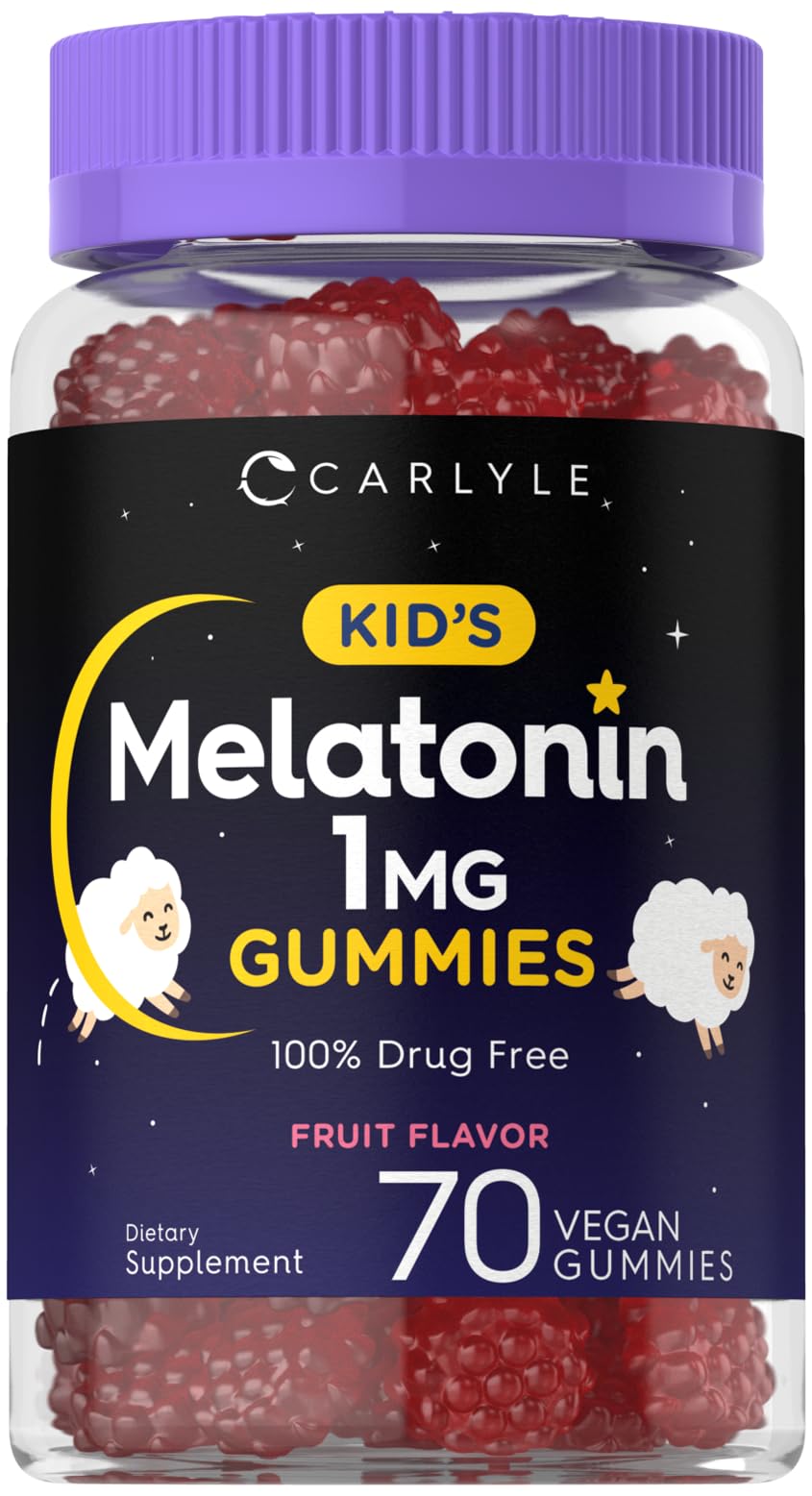 Front view of Carlyle Kids Melatonin Gummies bottle (1 mg, 70-count)